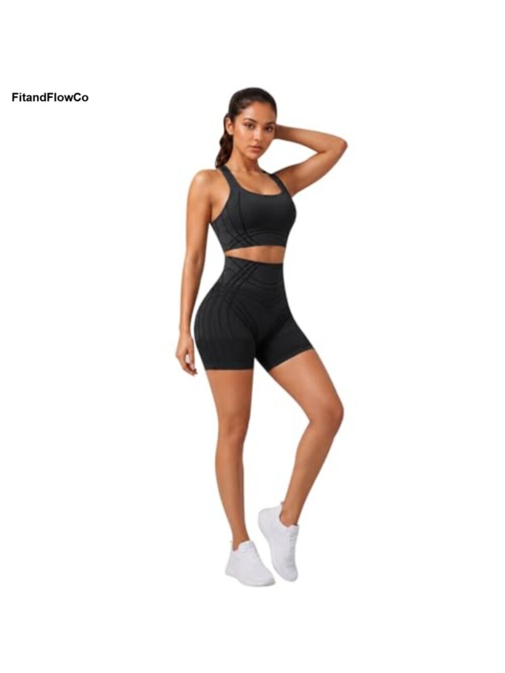 Seamless 2 Piece Workout Set Sports Bra & Biker Shorts Ribbed High Stretch